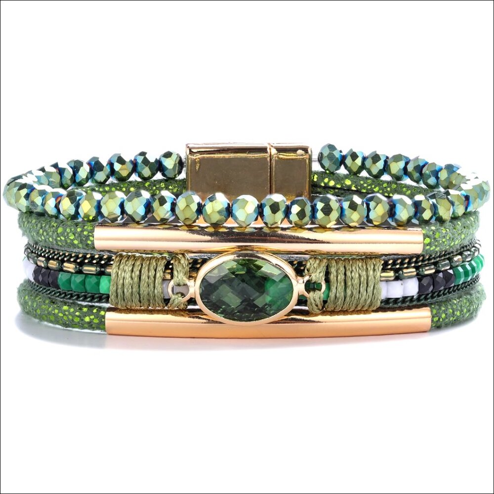 Leather Wrap Bracelet with Crystal Beads and Magnetic Clasp
